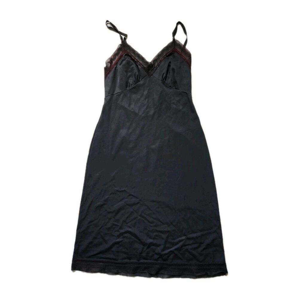 Vintage Kayser Black Nylon Slip Dress Lace Trim Size 34 Satin Nightgown GUC